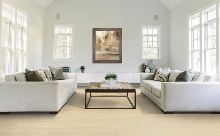 warm toned wood flooring in living room with minimalistic decor